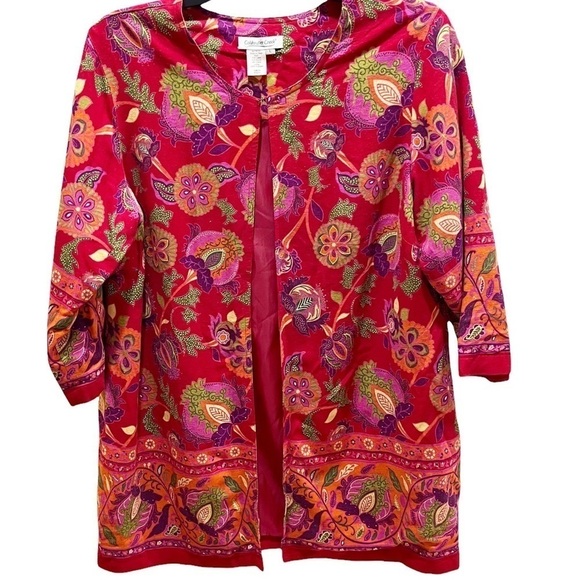 Coldwater Creek Linen Blend Fully Lined Red Floral Jacket Sz L - Picture 1 of 8